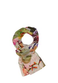 Foulard in seta con stampa floreale in colori vivaci, con tonalità di rosa, verde e viola. Tessuto leggero e fluido con una texture liscia.