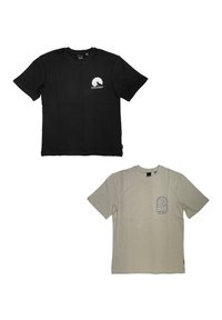 Black cotton t-shirt with a white mountain logo on the front; beige cotton t-shirt with a blue graphic design on the pocket area.