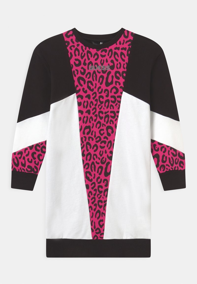 Robe à manches longues avec panneaux à imprimé léopard noir, blanc et rose, dotée d'un col rond ainsi que de poignets et d'un ourlet côtelés.