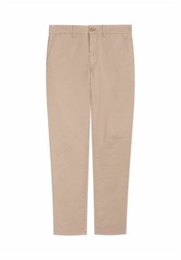 Beżowe bawełniane chinosy o prostym kroju nogawki, z przednimi i tylnią kieszenią, zapięciem na guzik i zamek, oraz minimalnymi detalami szwów.