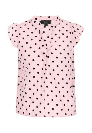 Roosa Pluus mustade täppidega, seisev krae ja lühikesed looklevad varrukad. Valmistatud kergest kangast, millel on vabalt langev lõige.