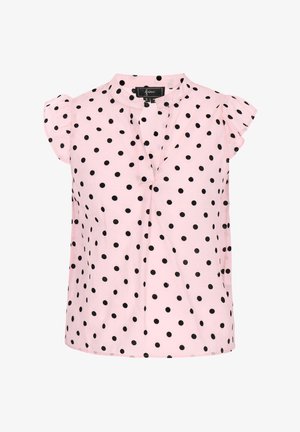 Roosa Pluus mustade täppidega, seisev krae ja lühikesed looklevad varrukad. Valmistatud kergest kangast, millel on vabalt langev lõige.