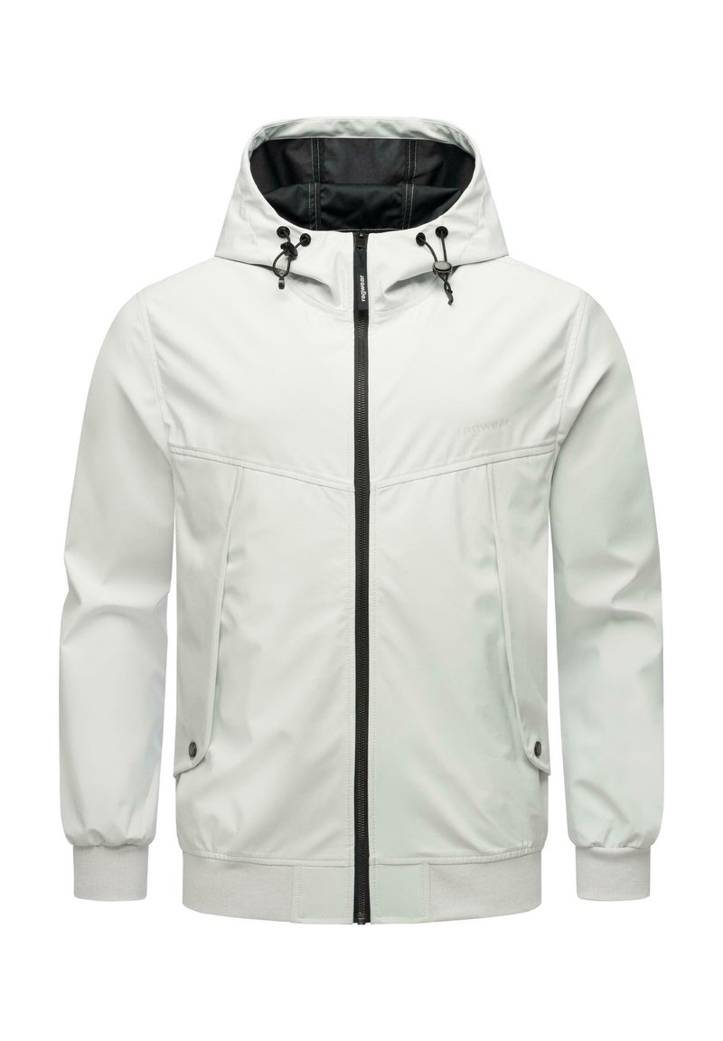 Witte jas met een capuchon, zwarte accenten, voorrits en elastische manchetten. Beschikt over twee zijzakken met knoopsluitingen. Vlotte textuur.