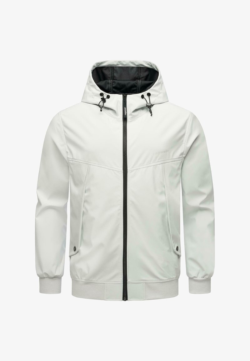 White jacket with a hood, black accents, front zipper, and elastic cuffs. Features two side pockets with button closures. Smooth texture.