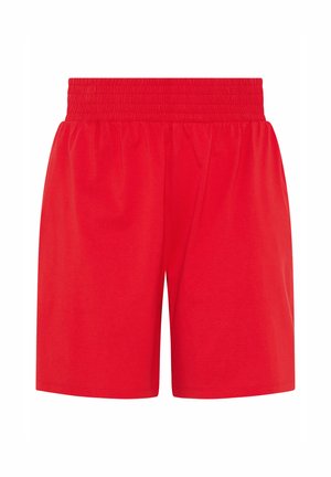 Pantaloncini con fascia elastica di colore rosso brillante, vestibilità morbida e lunghezza fino al ginocchio, progettati per un uso casual o sportivo.