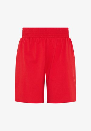 Lyse røde shorts med elastisk taljebånd, løs pasform og knælængde, designet til afslappet eller atletisk brug.