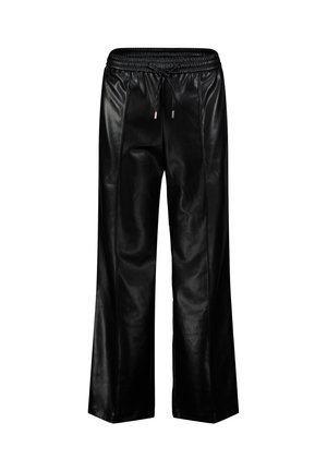 Pantalon large en similicuir noir avec une ceinture élastique, un cordon de serrage et des coutures minimales pour une texture lisse.