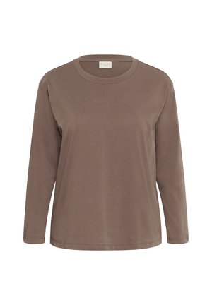 Rjava majica z dolgimi rokavi, izdelana iz mehke bombažne tkanine. Ima okrogli izrez in preprost dizajn brez vidnih vzorcev ali poudarkov.