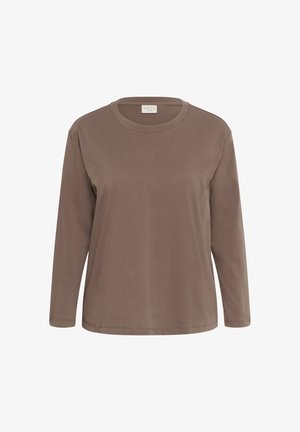 Tricou maro cu mâneci lungi, realizat din bumbac moale. Are un decolteu rotund și un design simplu, fără modele sau accente vizibile.