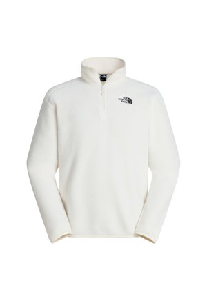Witte fleece-pullover met kwart-rits en opstaande kraag, met zwart The North Face-logo op de linkerborst.