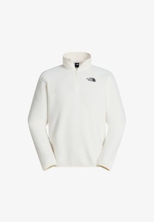 Witte fleece-pullover met kwart-rits en opstaande kraag, met zwart The North Face-logo op de linkerborst.