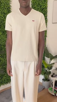 Hombre vestido con una camiseta de V de color crema de Levi's y pantalones crema, de pie en el interior cerca de una pared de plantas verdes y plantas en macetas junto a una pequeña mesa redonda.