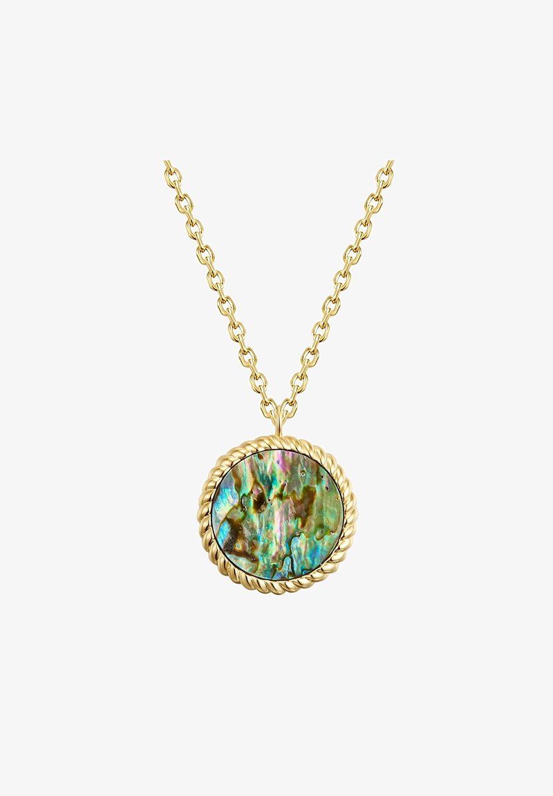 Zelts ķēde ar ovālu piekariņu, kas izgatavots no mirdzošā abalonā čaulas, apkārt apvīta ar vēsu virvju dizainu.