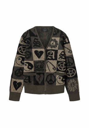 Buttoned cardigan with patchwork design featuring hearts, peace signs, safety pins, spider webs, yin-yangs, and abstract symbols in dark tones.