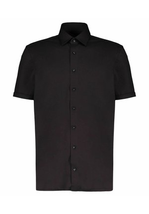 Chemise noire à manches courtes avec col classique et boutons noirs espacés uniformément sur le devant.