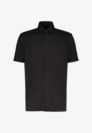 Schwarzes kurzärmeliges Hemd mit klassischem Kragen und gleichmäßig angeordneten schwarzen Knöpfen auf der Vorderseite.