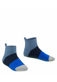 Baumwoll-Socken für den Knöchel mit einem geschichteten Design in Grau, Blau und Marineblau sowie einer strukturierten grünen gepunkteten Sohle für besseren Halt.