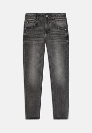 Grå denim jeans med slim fit, standard fem lomme-design, diskret slidser og knaplukning i taljen.