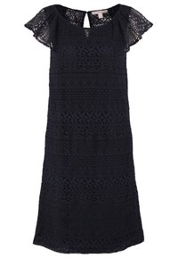 Robe noire longueur genou avec manches courtes en dentelle et motif complexe de dentelle florale sur toute la surface.