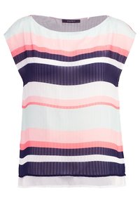 Top multicolore con una vestibilità ampia, caratterizzato da pieghe verticali in strisce rosa, bianche e blu marine. Tessuto morbido e scollatura ampia.