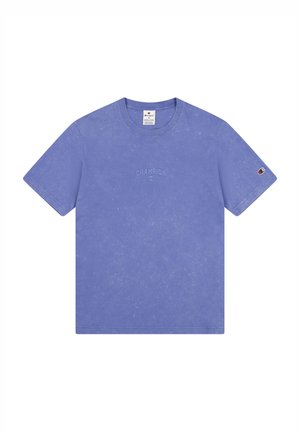 Light purple cotton t-shirt with short sleeves, crew neck, and a small embroidered "CHAMPION" logo on the front; features a relaxed fit.