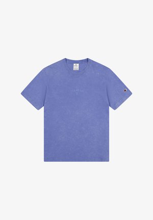 Lichtpaarse katoen t-shirt met korte mouwen, ronde hals en een klein geborduurd "CHAMPION" logo op de voorkant; heeft een relaxte pasvorm.