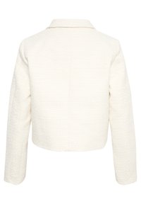 Weißes, strukturiertes, kurzes Jackett mit langen Ärmeln, einem Kragen und einer kastigen Form, das ein gewebtes Muster aufweist und keine sichtbaren Beschläge hat.