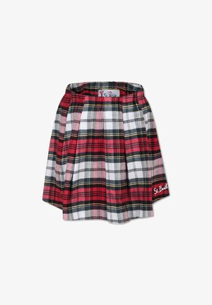 Gonna plissettata a quadri rossi, neri, bianchi e grigi con vita elasticizzata e logo ricamato sull'orlo. La texture del tessuto è morbida e a quadri.