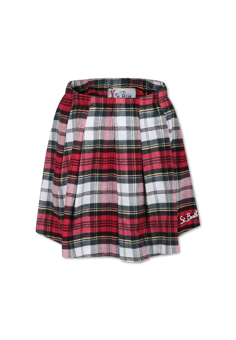 Gonna plissettata a quadri rossi, neri, bianchi e grigi con vita elasticizzata e logo ricamato sull'orlo. La texture del tessuto è morbida e a quadri.