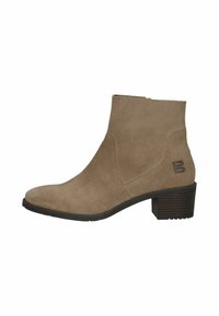 Beige Wildleder-Ankle-Boot mit runder Zehe, seitlicher Naht und niedrigem, gestapeltem Absatz. Verfügt über ein dezentes Logo-Detail auf der Außenseite.