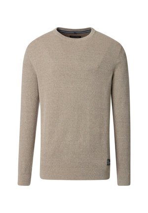 Hellbeiger Pullover aus strukturiertem Stoff. Mit Rundhalsausschnitt, langen Ärmeln und einem kleinen Logo-Patch an der unteren linken Seite.