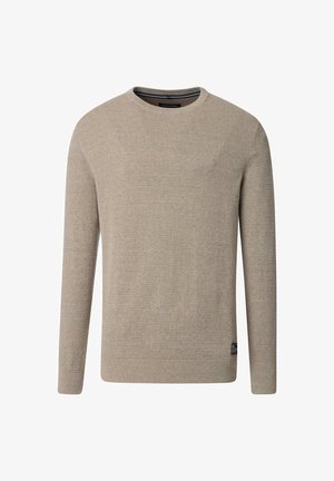 Hellbeiger Pullover aus strukturiertem Stoff. Mit Rundhalsausschnitt, langen Ärmeln und einem kleinen Logo-Patch an der unteren linken Seite.