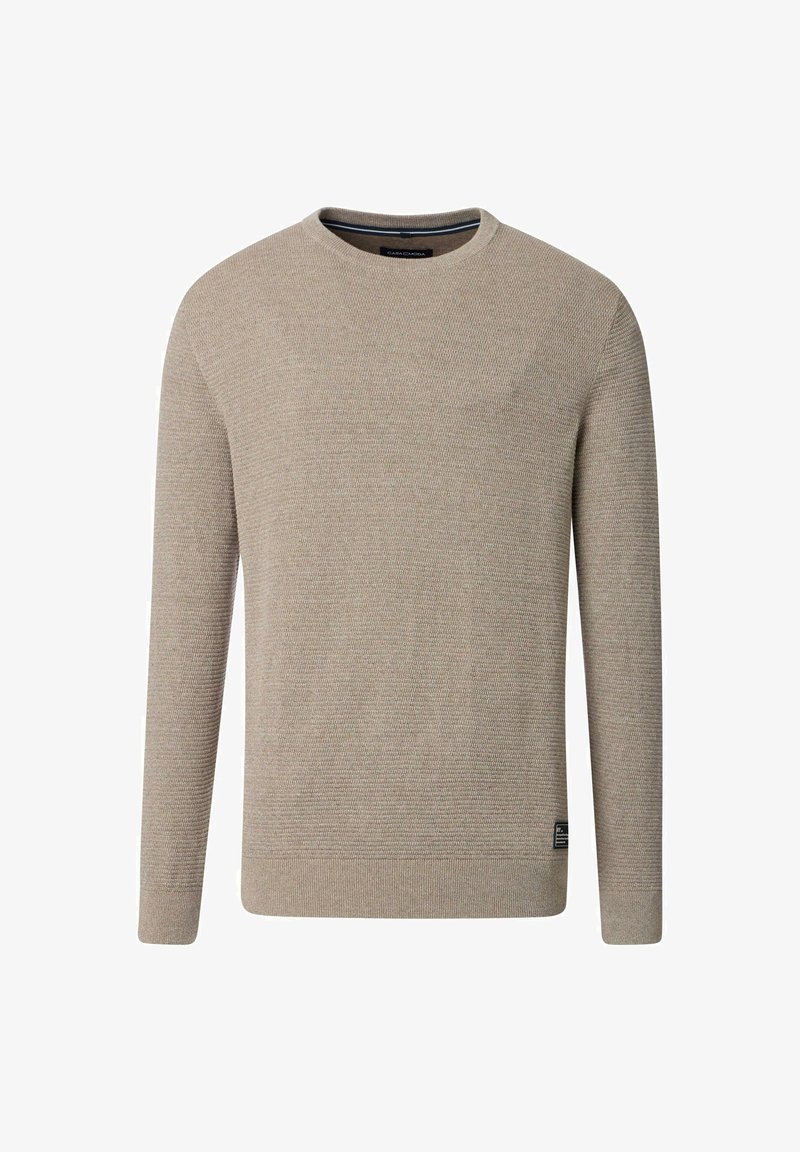 Hellbeiger Pullover aus strukturiertem Stoff. Mit Rundhalsausschnitt, langen Ärmeln und einem kleinen Logo-Patch an der unteren linken Seite.