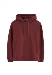 Felpa bordeaux realizzata in morbido tessuto, con tasca frontale, cappuccio con cordino e un piccolo logo ricamato in blu navy.