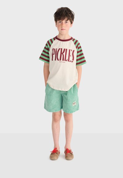 Garçon debout face à l'avant portant un T-shirt rayé blanc et vert avec l'inscription « PICKLES », un short vert et des chaussures marron aux lacets rouges.