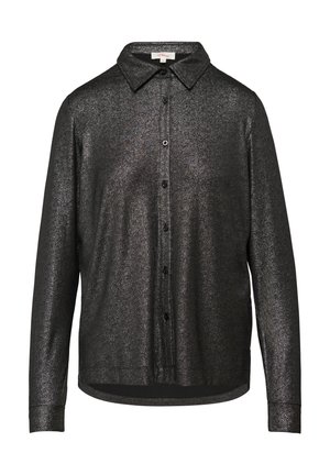 Schwarzes Langarmshirt aus einem glänzenden, strukturierten Stoff. Verfügt über einen klassischen Kragen und eine durchgehende Knopfleiste. Klassische Passform mit abgerundetem Saum.