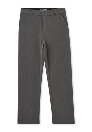 Pantaloni grigi su misura con un motivo sottile, dotati di due tasche anteriori, design a gamba dritta e una texture liscia.