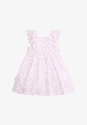 Vestido para niña pequeña de color rosa claro con delicado patrón floral, escote cuadrado y tirantes con volantes.