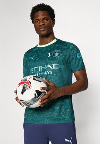 Groen voetbalshirt met geometrisch patroon, korte mouwen en lichtblauwe halslijn. Speler houdt een wit-zwart voetbal met rood logo vast.