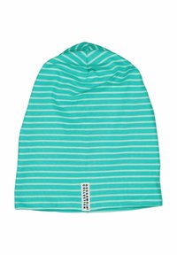 Raidallinen beanie-hattu vaaleanvihreänä ja valkoisena, valmistettu pehmeästä kankaasta, jossa on ommeltu merkki alareunassa, jossa on brändin nimi.