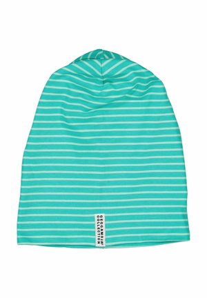 Raidallinen beanie-hattu vaaleanvihreänä ja valkoisena, valmistettu pehmeästä kankaasta, jossa on ommeltu merkki alareunassa, jossa on brändin nimi.
