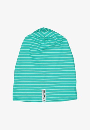 Stribet hue i mintgrøn og hvid, lavet af blødt stof, med et syet mærke i bunden med brandnavnet.