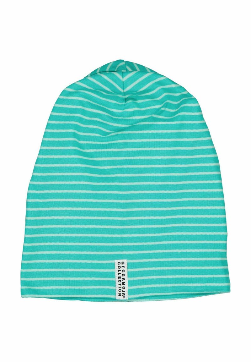 Raidallinen beanie-hattu vaaleanvihreänä ja valkoisena, valmistettu pehmeästä kankaasta, jossa on ommeltu merkki alareunassa, jossa on brändin nimi.