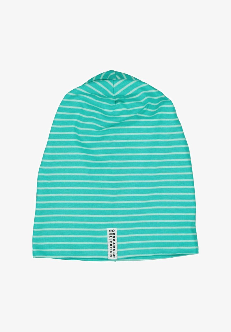 Raidallinen beanie-hattu vaaleanvihreänä ja valkoisena, valmistettu pehmeästä kankaasta, jossa on ommeltu merkki alareunassa, jossa on brändin nimi.