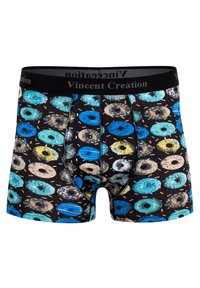 Boxer shorts neri con un motivo di ciambelle colorate in blu, beige e turchese, con una vita elastica nera che riporta la scritta "Vincent Creation."