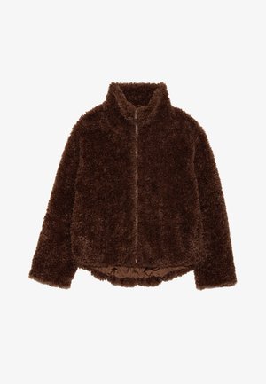 Dark brown, fluffy zip-up jacket with high collar and long sleeves, slightly gathered hem, and soft textured fabric.