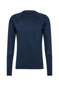 Marineblaues Sporthemd mit langen Ärmeln, strukturierten Einsätzen und rundem Halsausschnitt. Mit eingeprägtem Logo auf der Brust und Raglanärmeln.