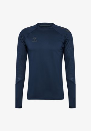 Maglietta atletica a maniche lunghe blu navy con pannellatura testurizzata e scollatura arrotondata. Presenta un logo impresso sul petto e maniche raglan.