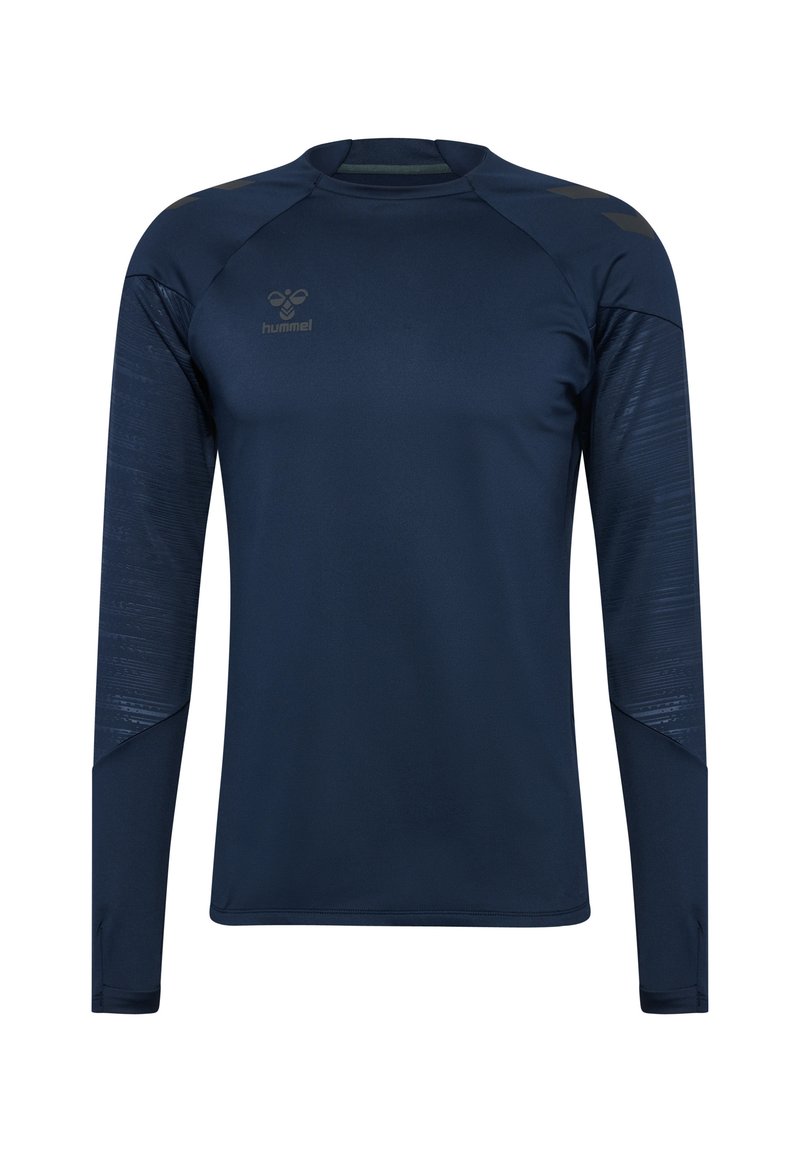 Marineblaues Sporthemd mit langen Ärmeln, strukturierten Einsätzen und rundem Halsausschnitt. Mit eingeprägtem Logo auf der Brust und Raglanärmeln.