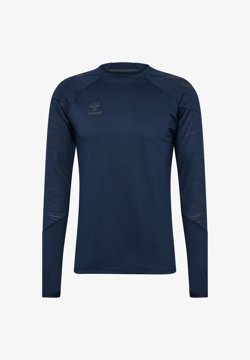 Marineblaues Sporthemd mit langen Ärmeln, strukturierten Einsätzen und rundem Halsausschnitt. Mit eingeprägtem Logo auf der Brust und Raglanärmeln.